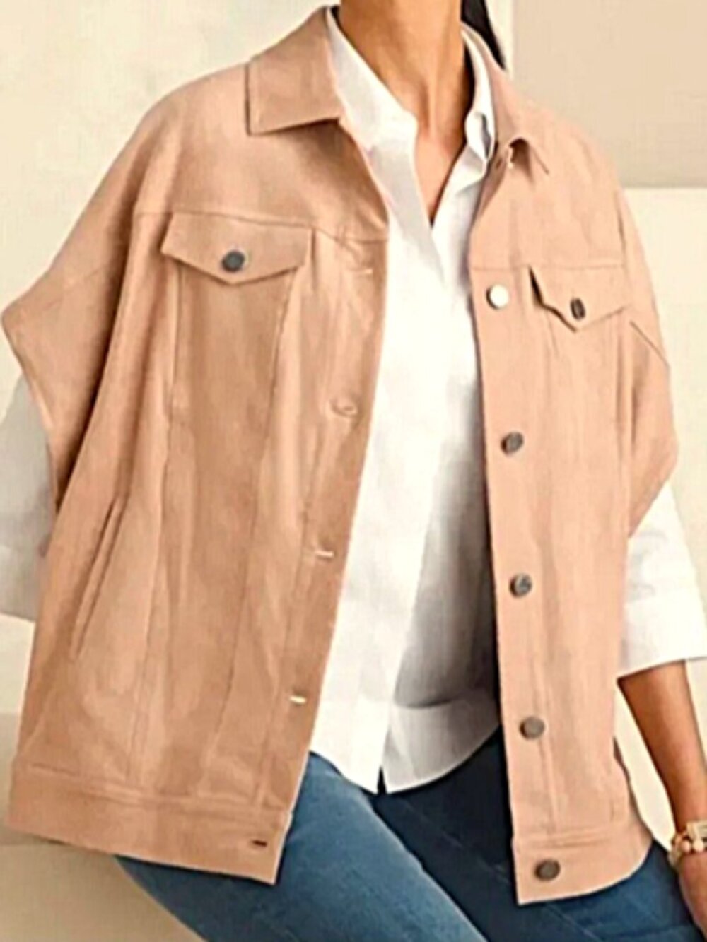 Chico’s Women’s Trucker Ruana Desert Tan Faux Suede Jacket size S/M